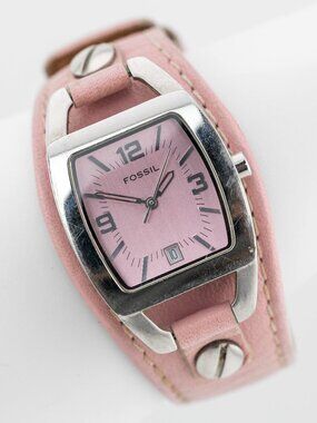 Fossil Pink Dial Leather Cuff Band Quartz Analog Women's Watch New Battery